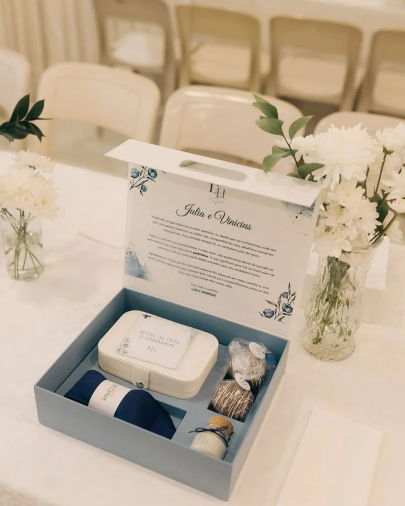 Kit de padrinhos personalizado com manual, mimos e caixa com o nome do casal